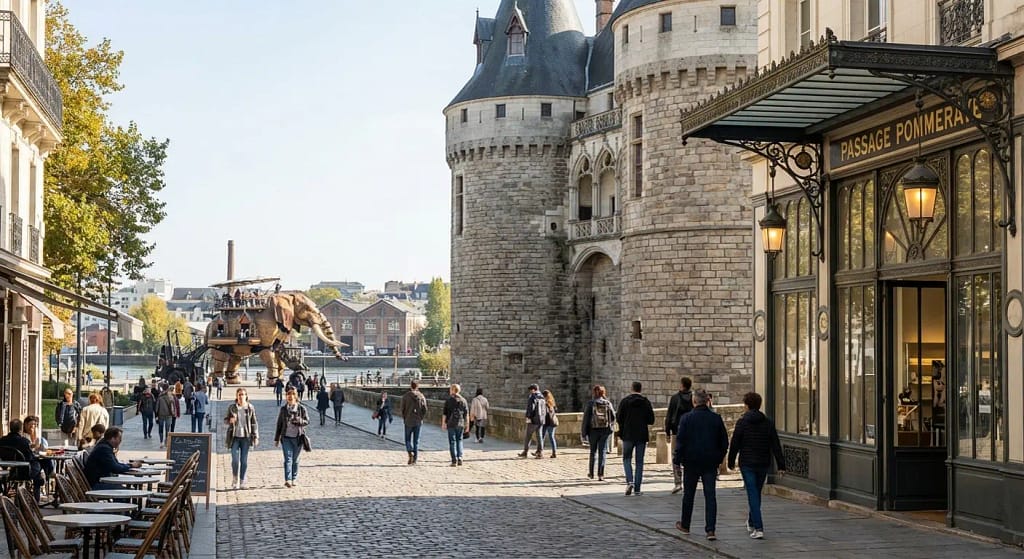 Vue d'une rue de Nantes avec le célèbre éléphant dans le fond