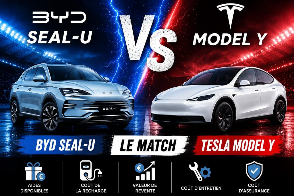Un visuel qui fait un duel entre BYD et Tesla sur des notions de coût