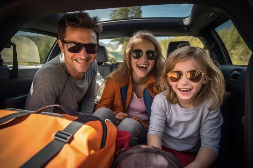 Une famille heureuse prise en photo à l'intérieur d'un véhicule